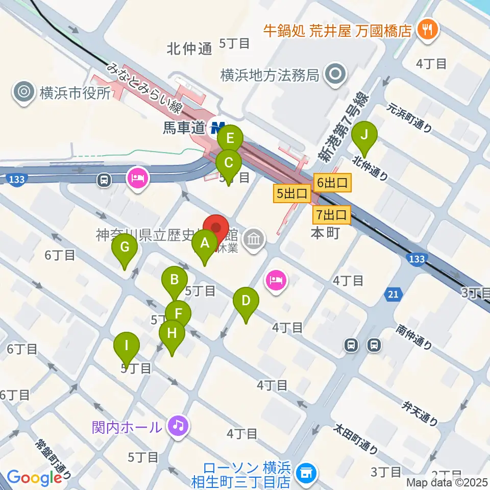 神奈川県立歴史博物館周辺のカフェ一覧地図