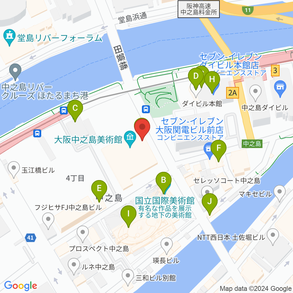 大阪中之島美術館周辺のカフェ一覧地図