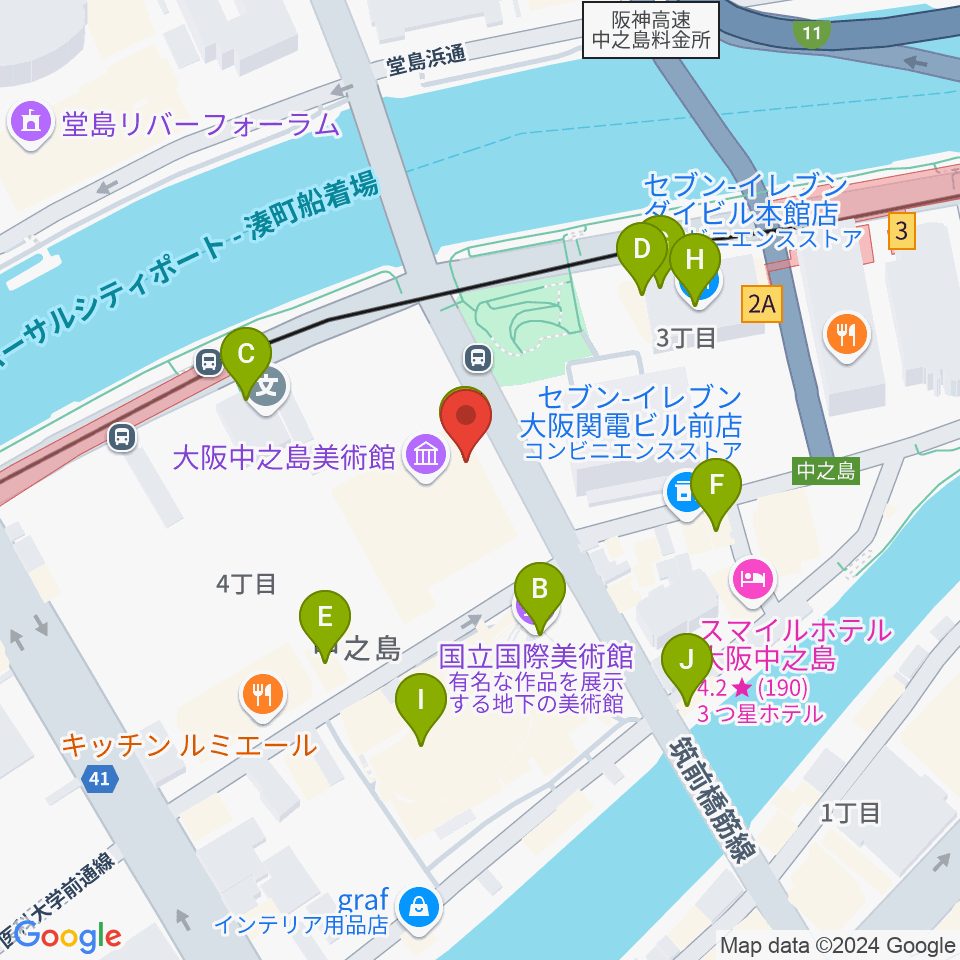 大阪中之島美術館周辺のカフェ一覧地図