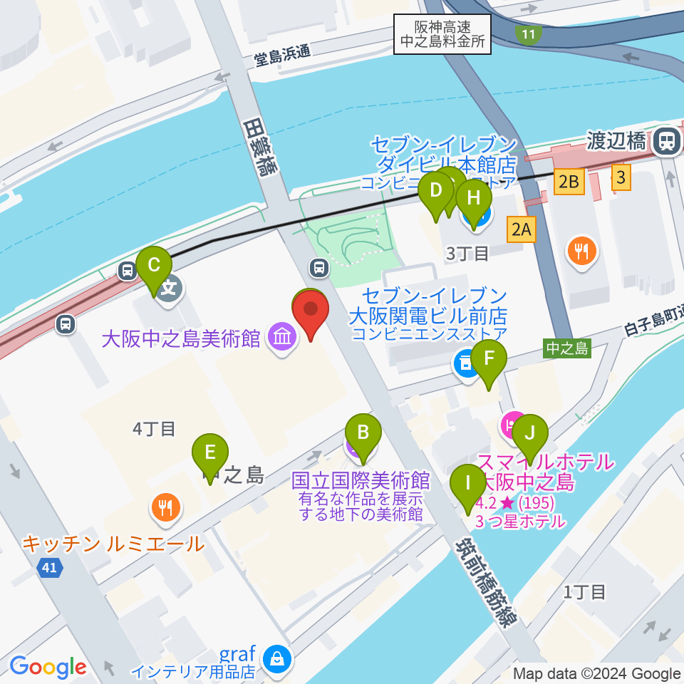 大阪中之島美術館周辺のカフェ一覧地図