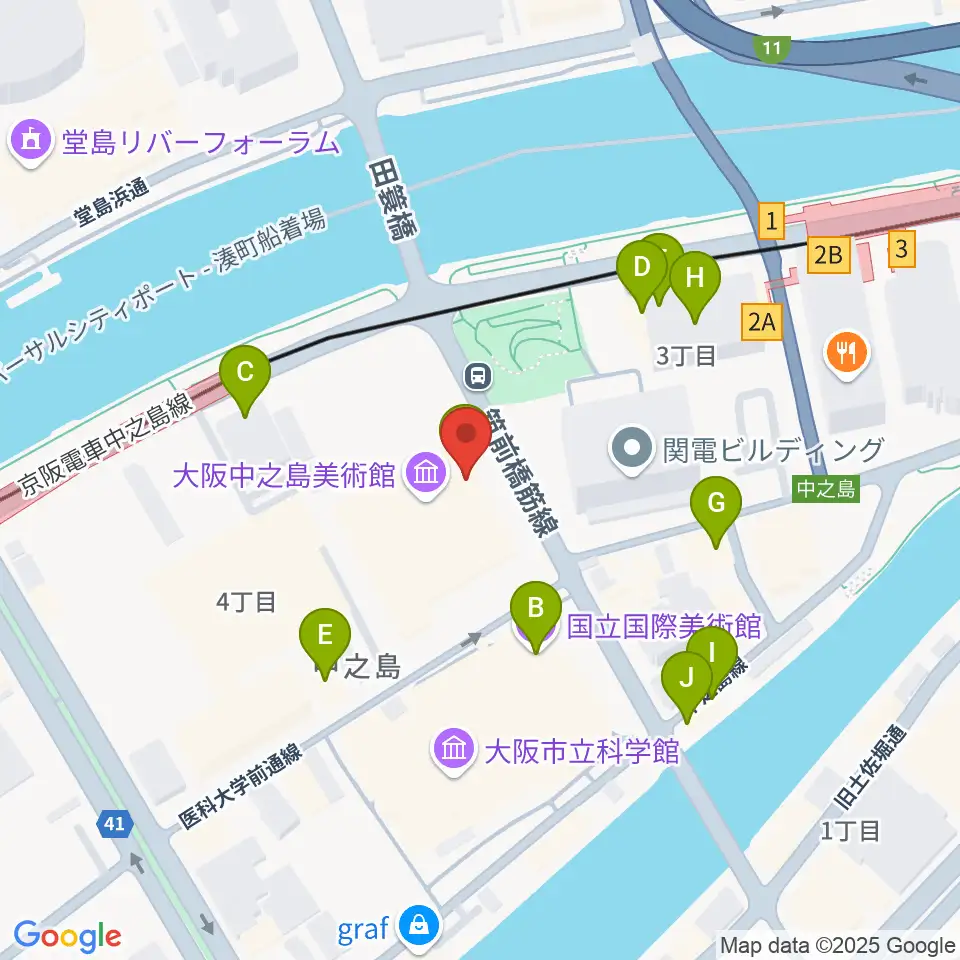大阪中之島美術館周辺のカフェ一覧地図
