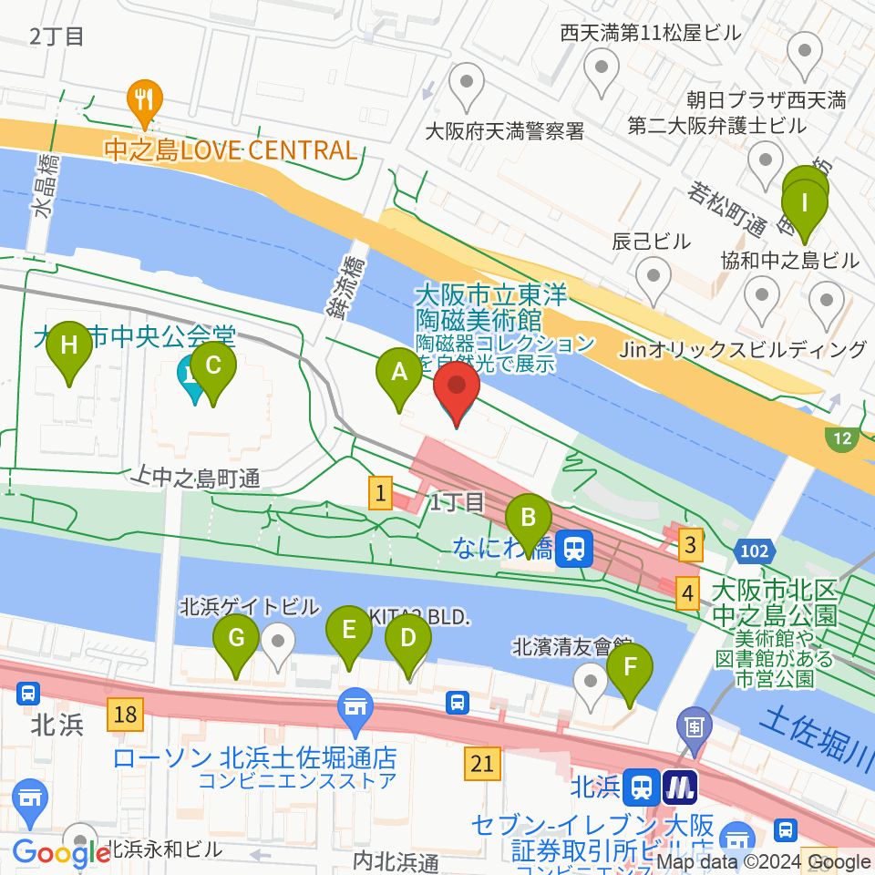 大阪市立東洋陶磁美術館周辺のカフェ一覧地図