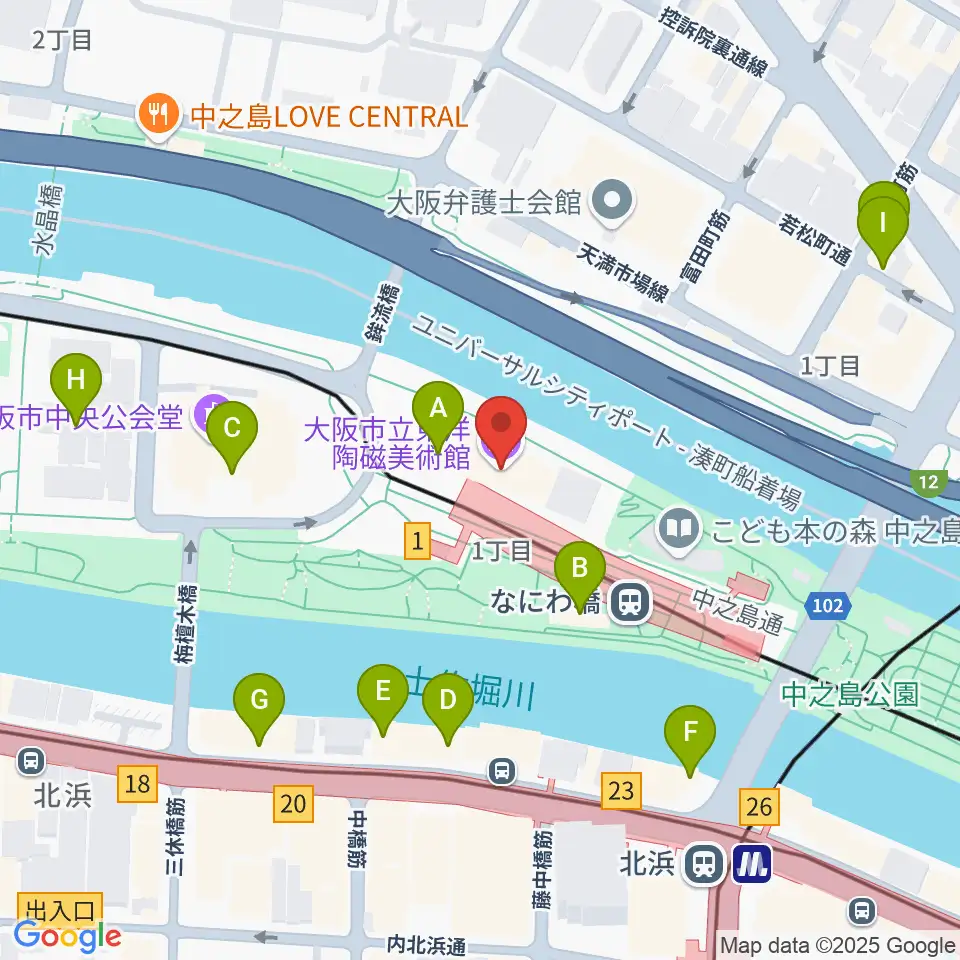 大阪市立東洋陶磁美術館周辺のカフェ一覧地図