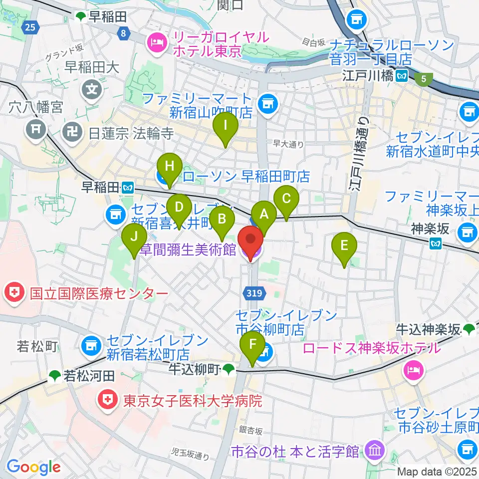 草間彌生美術館周辺のカフェ一覧地図