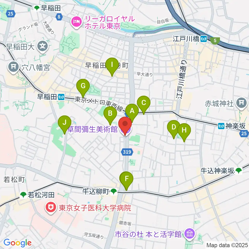 草間彌生美術館周辺のカフェ一覧地図