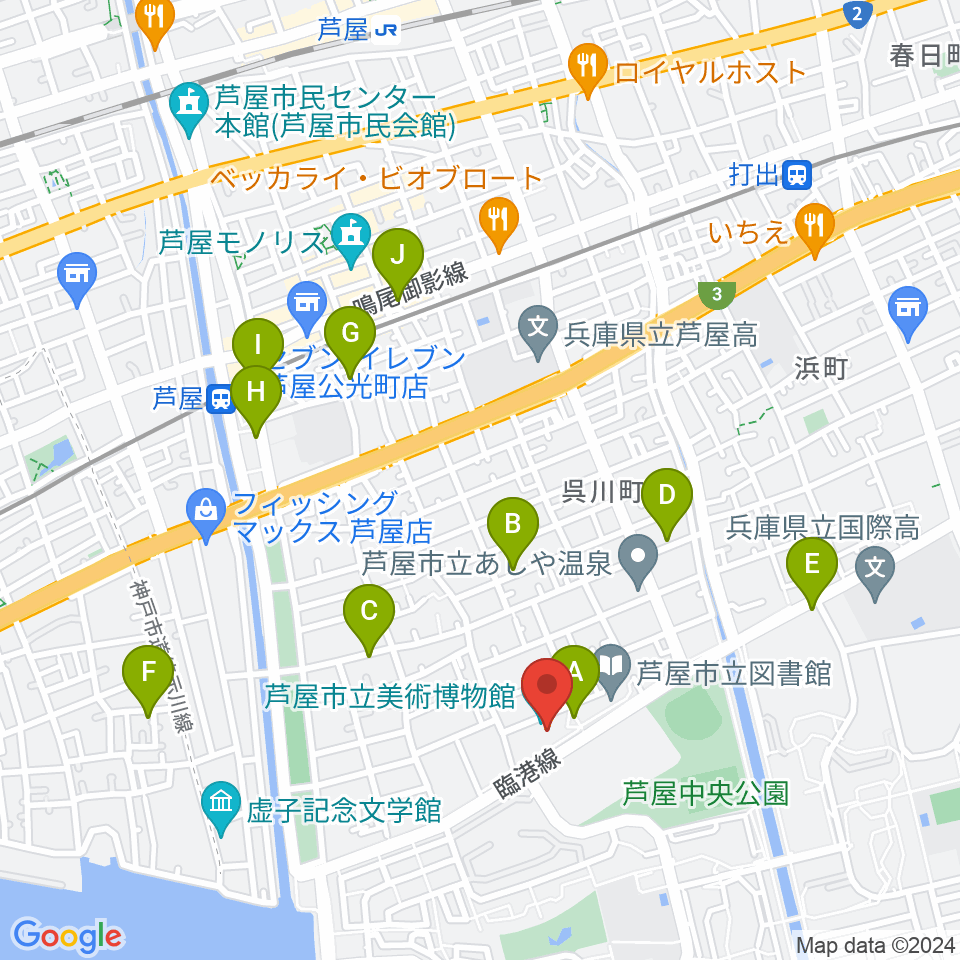 芦屋市立美術博物館周辺のカフェ一覧地図