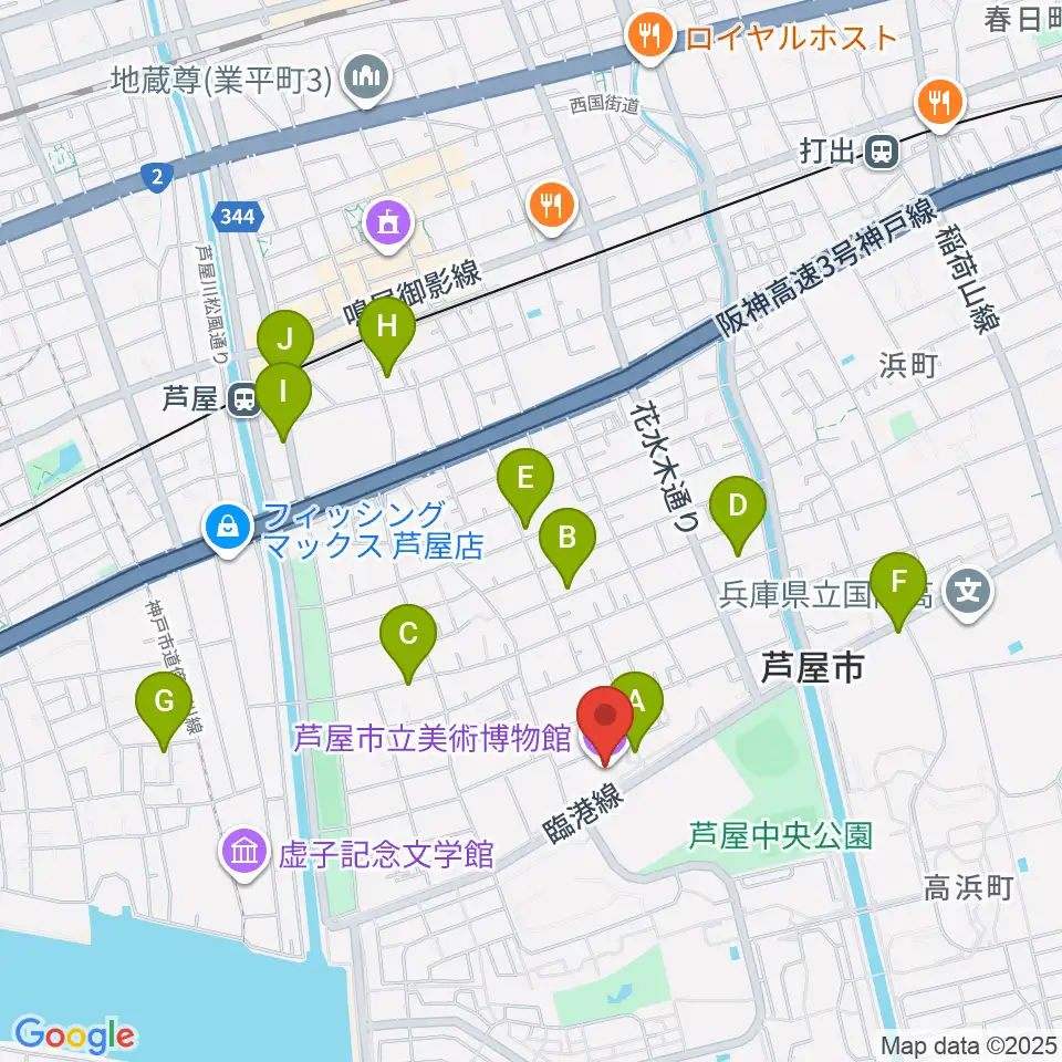 芦屋市立美術博物館周辺のカフェ一覧地図