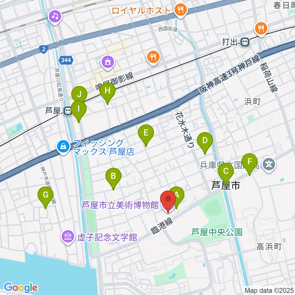 芦屋市立美術博物館周辺のカフェ一覧地図