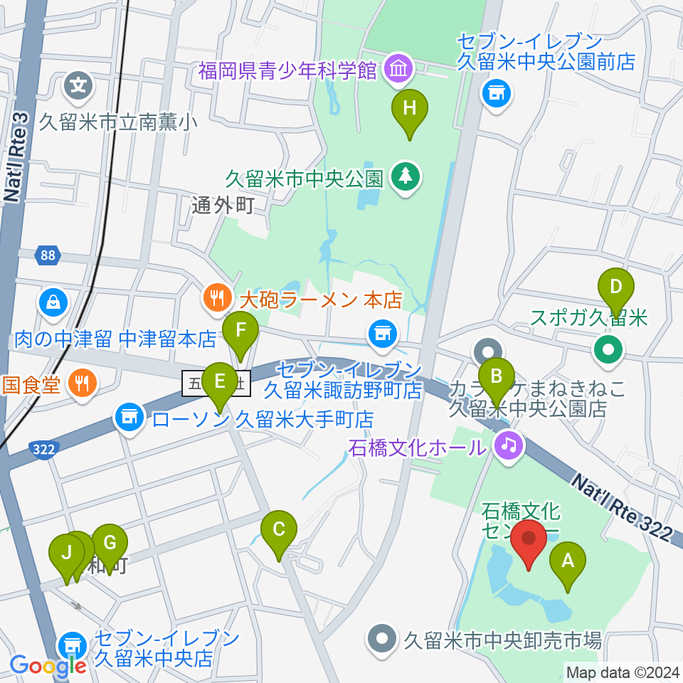 久留米市美術館周辺のカフェ一覧地図