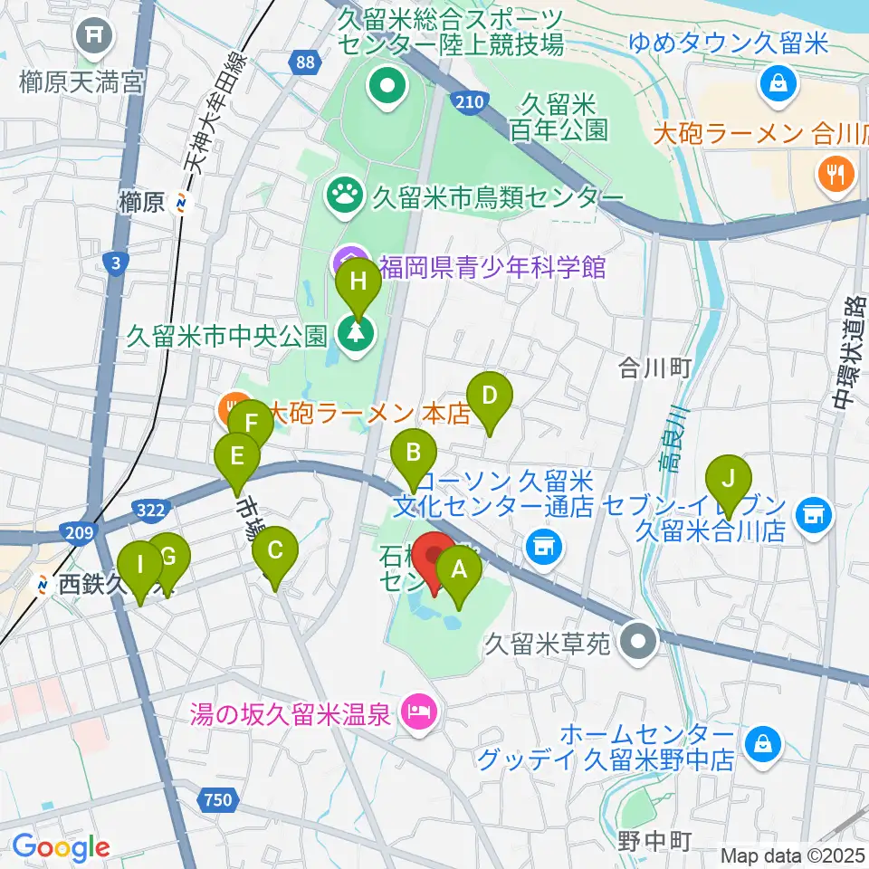 久留米市美術館周辺のカフェ一覧地図