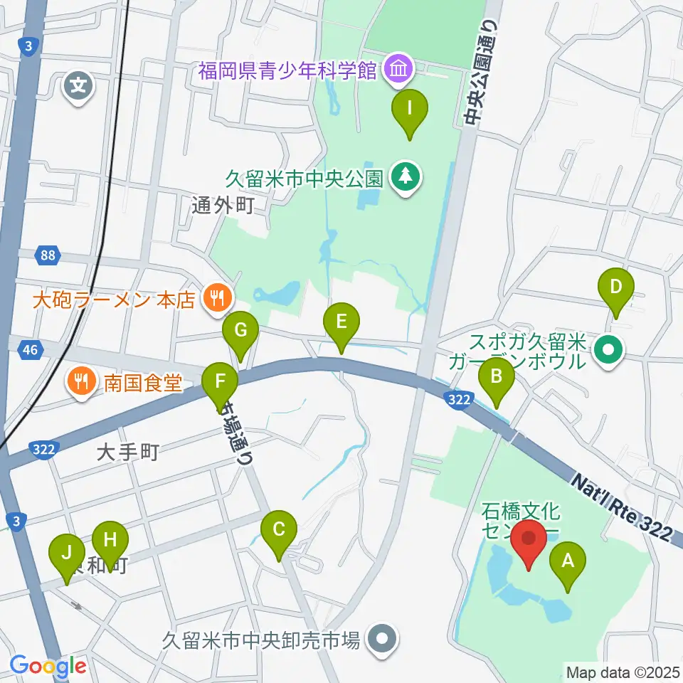 久留米市美術館周辺のカフェ一覧地図