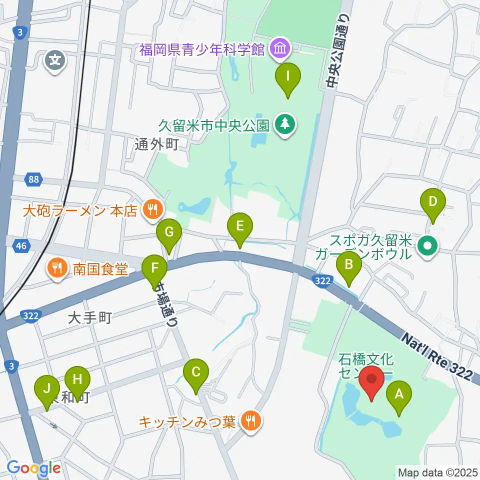 久留米市美術館周辺のカフェ一覧地図