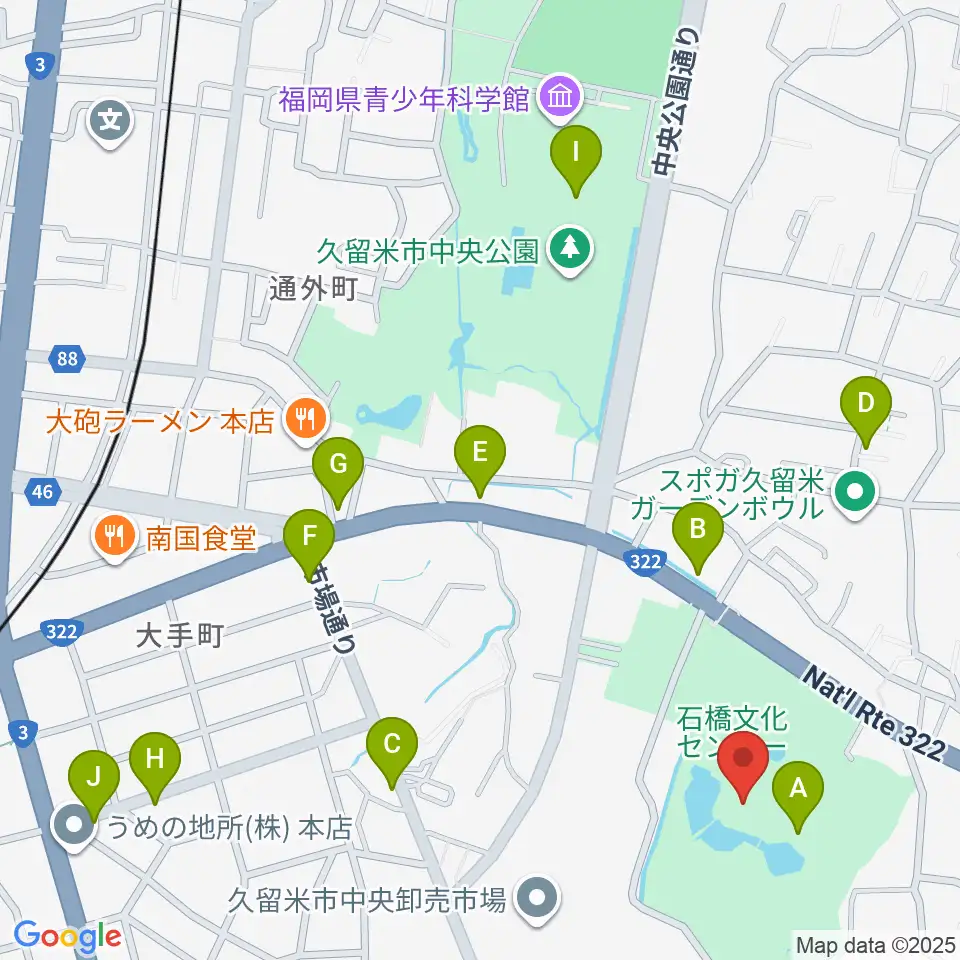 久留米市美術館周辺のカフェ一覧地図