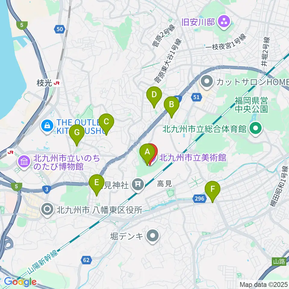 北九州市立美術館周辺のカフェ一覧地図