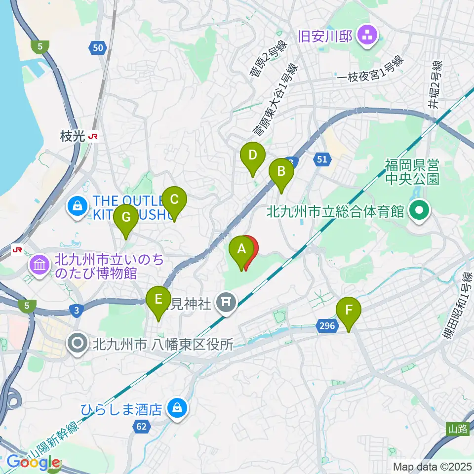 北九州市立美術館周辺のカフェ一覧地図