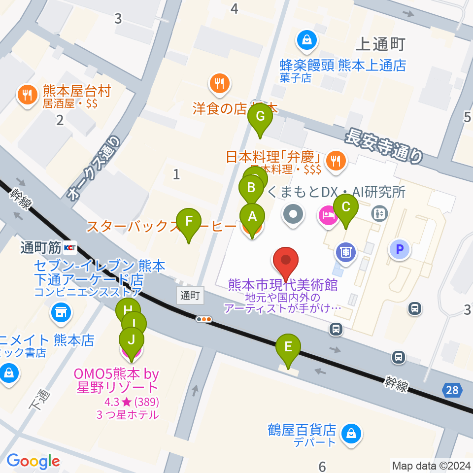 熊本市現代美術館（CAMK）周辺のカフェ一覧地図