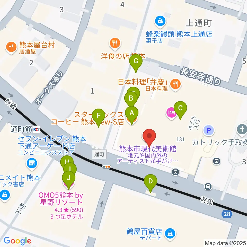 熊本市現代美術館(CAMK)周辺のカフェ一覧地図