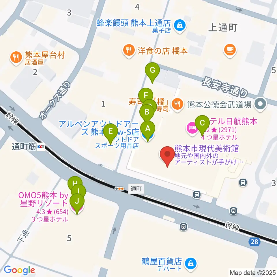 熊本市現代美術館（CAMK）周辺のカフェ一覧地図