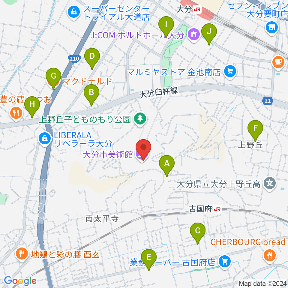 大分市美術館周辺のカフェ一覧地図