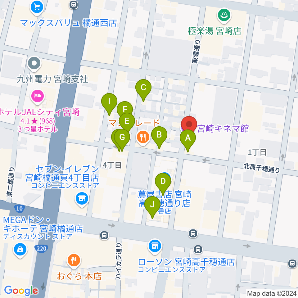 宮崎キネマ館周辺のカフェ一覧地図