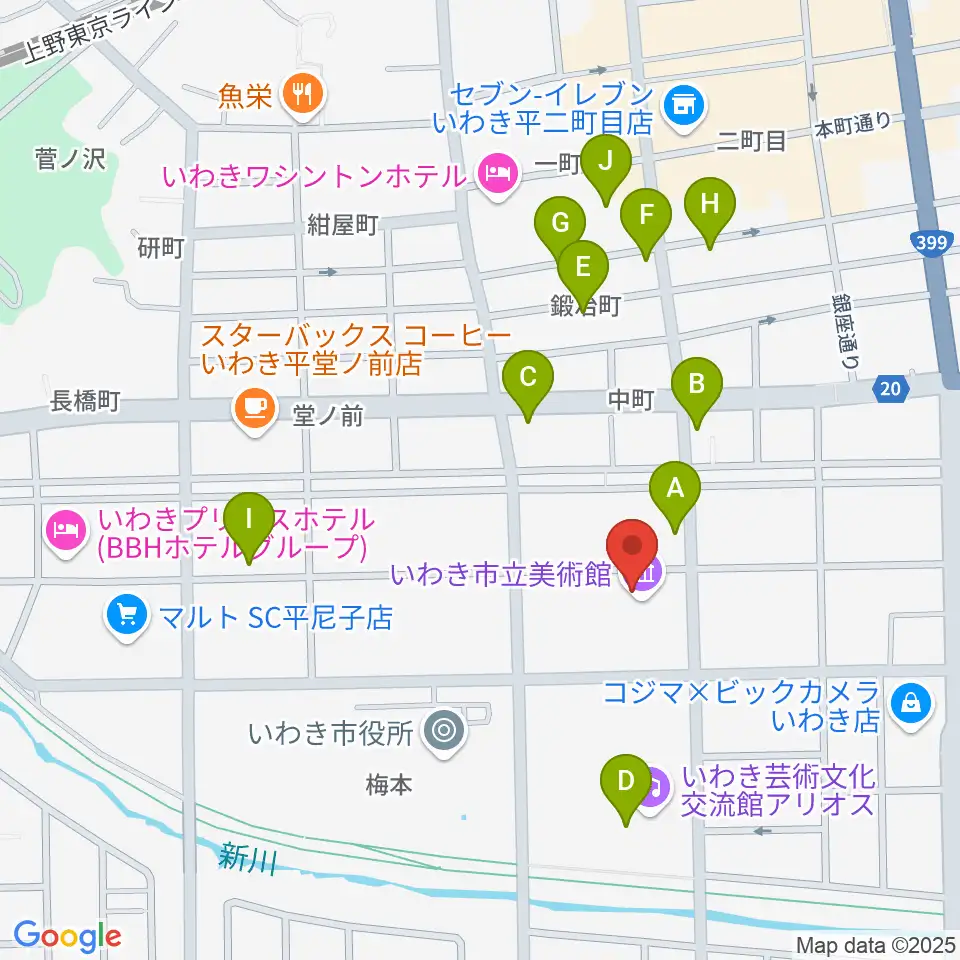 いわき市立美術館周辺のカフェ一覧地図