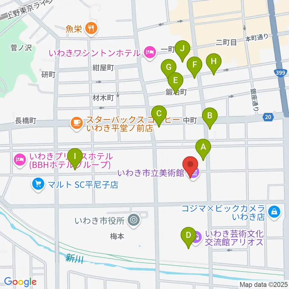 いわき市立美術館周辺のカフェ一覧地図