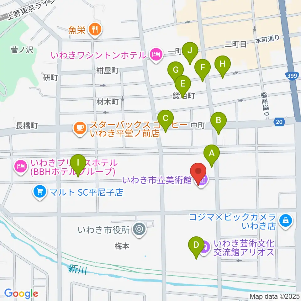 いわき市立美術館周辺のカフェ一覧地図