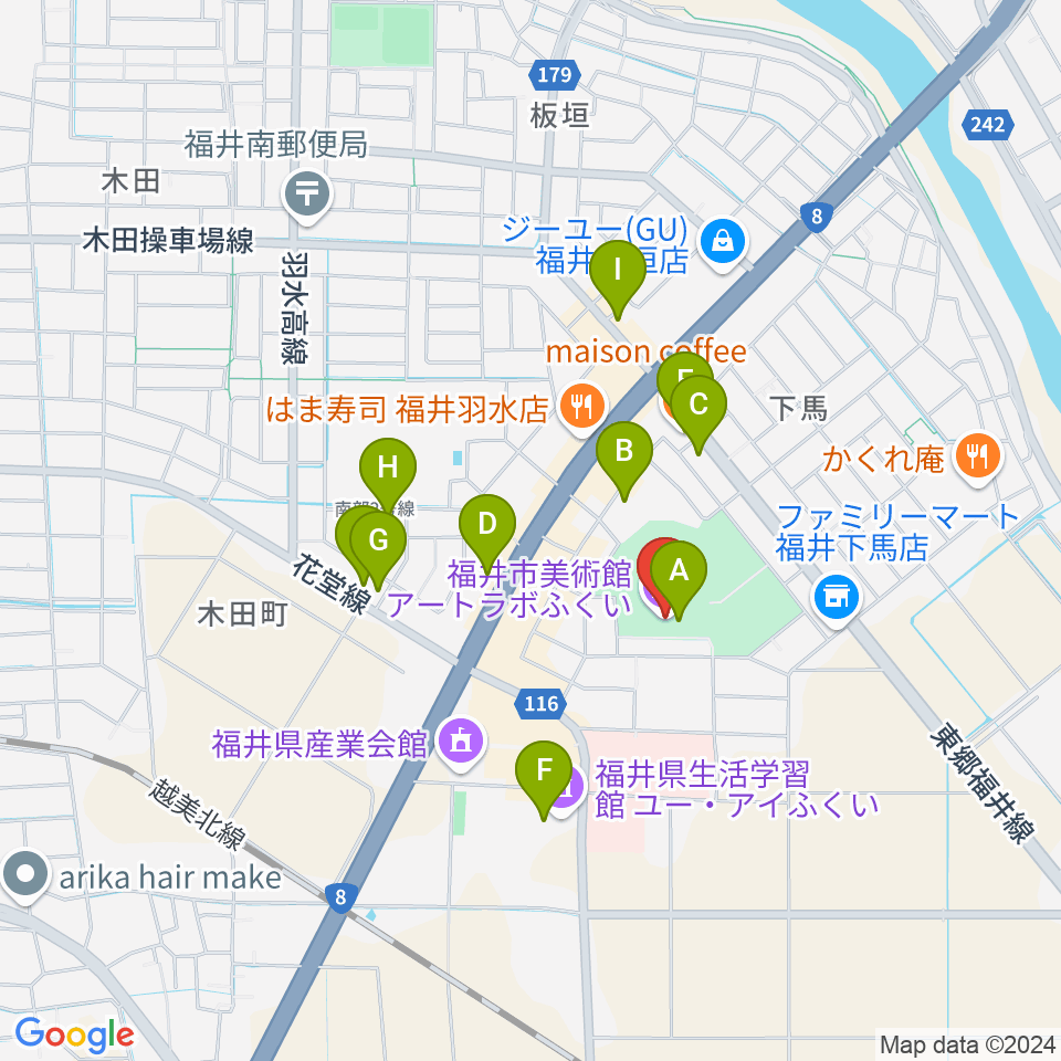 アートラボふくい 福井市美術館周辺のカフェ一覧地図