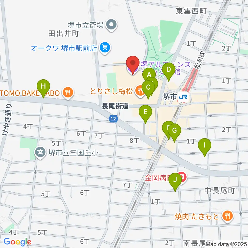 堺アルフォンス・ミュシャ館（堺市立文化館）周辺のカフェ一覧地図