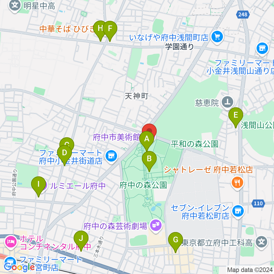 府中市美術館周辺のカフェ一覧地図