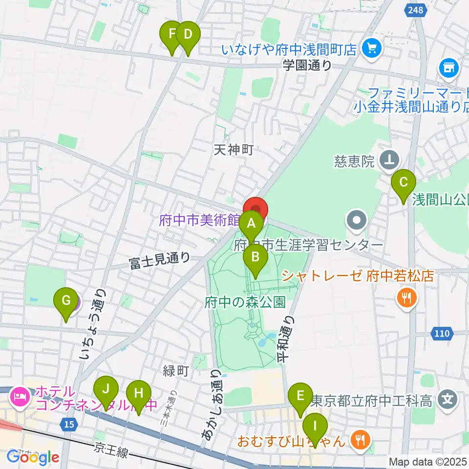 府中市美術館周辺のカフェ一覧地図