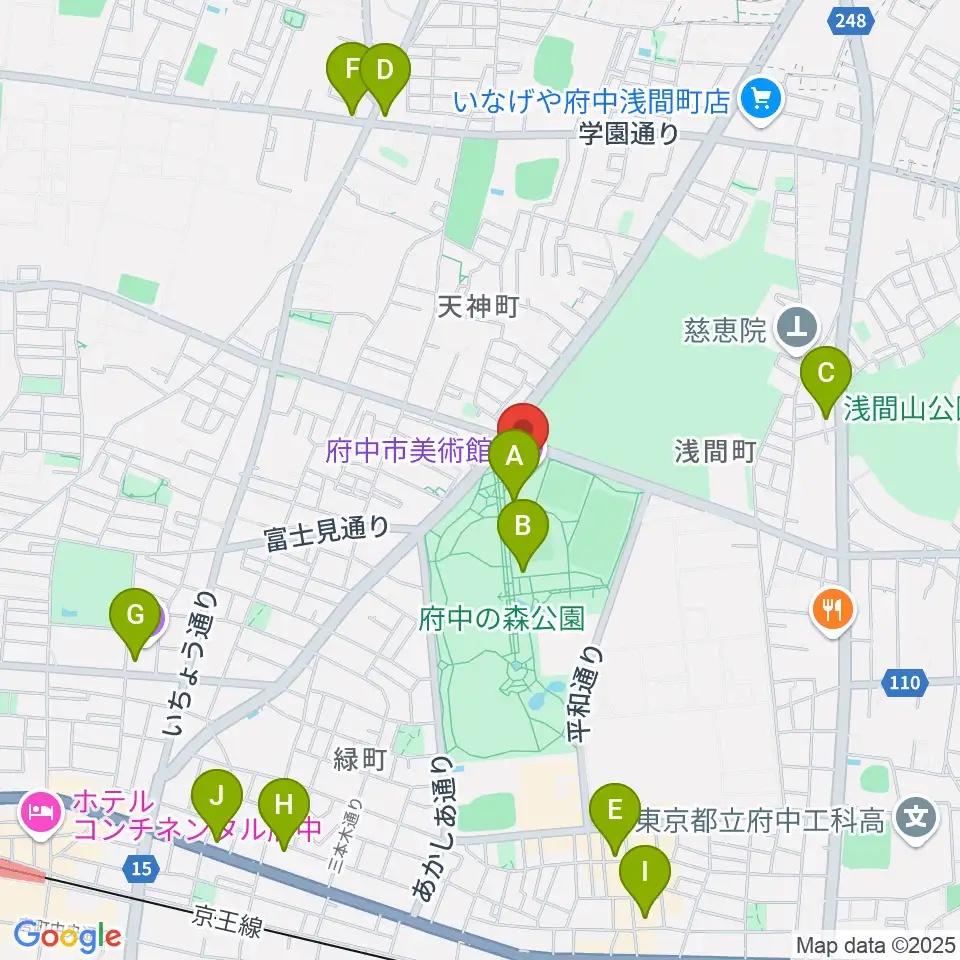 府中市美術館周辺のカフェ一覧地図