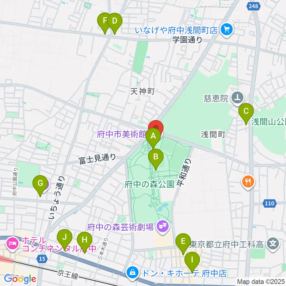 府中市美術館周辺のカフェ一覧地図