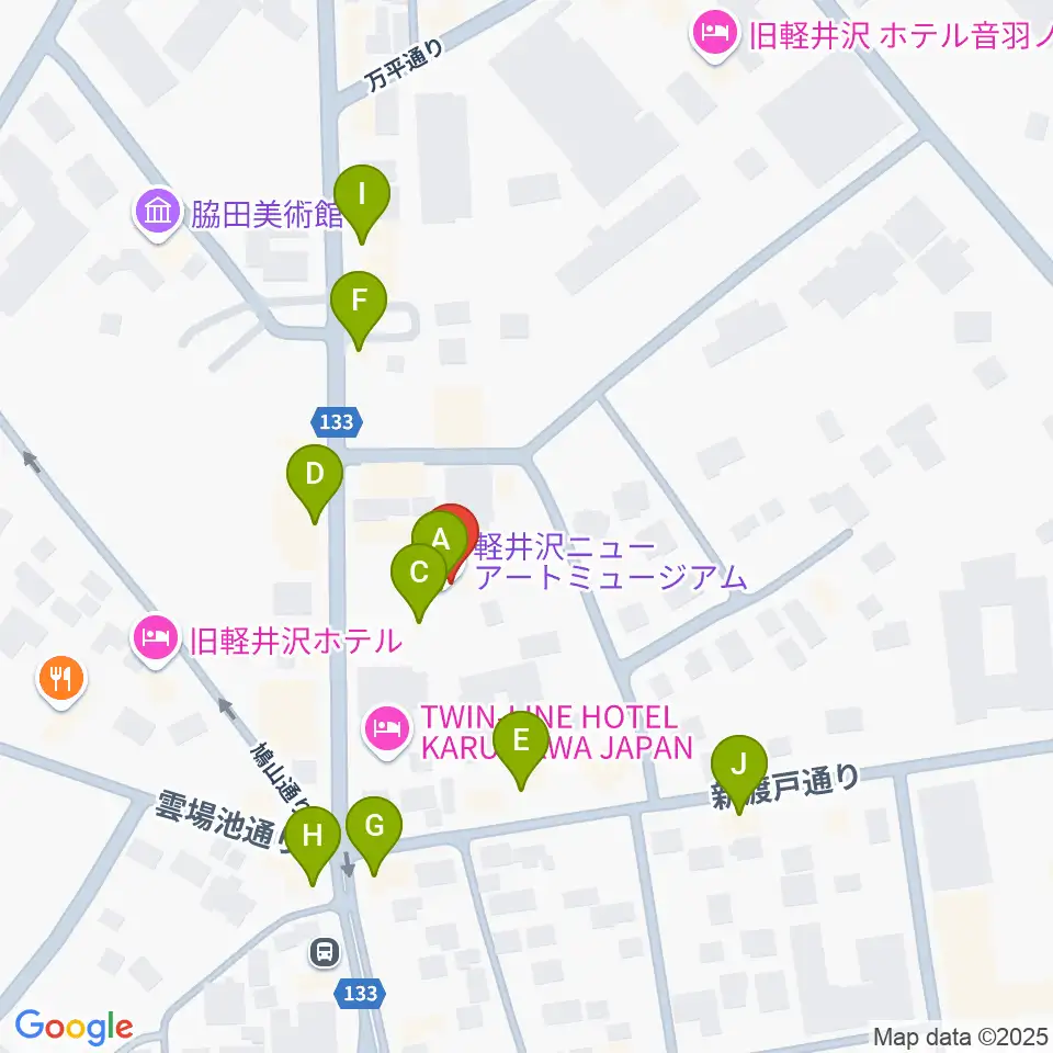 軽井沢ニューアートミュージアム周辺のカフェ一覧地図