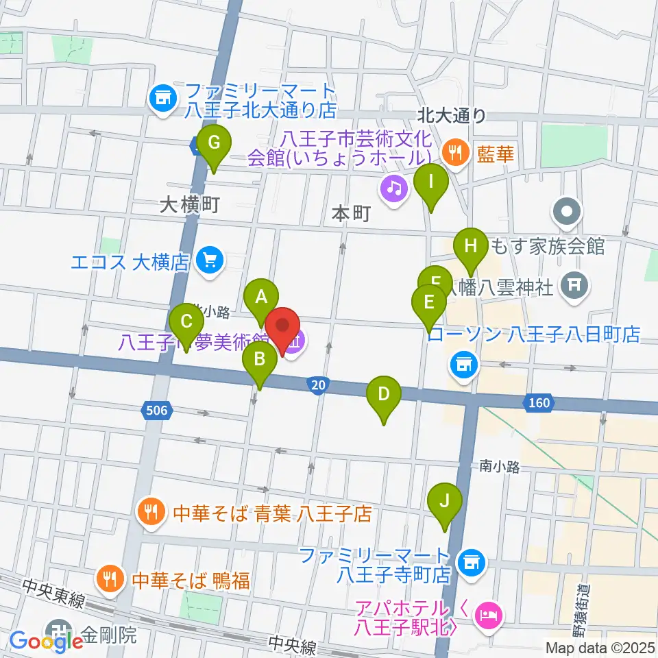八王子市夢美術館周辺のカフェ一覧地図
