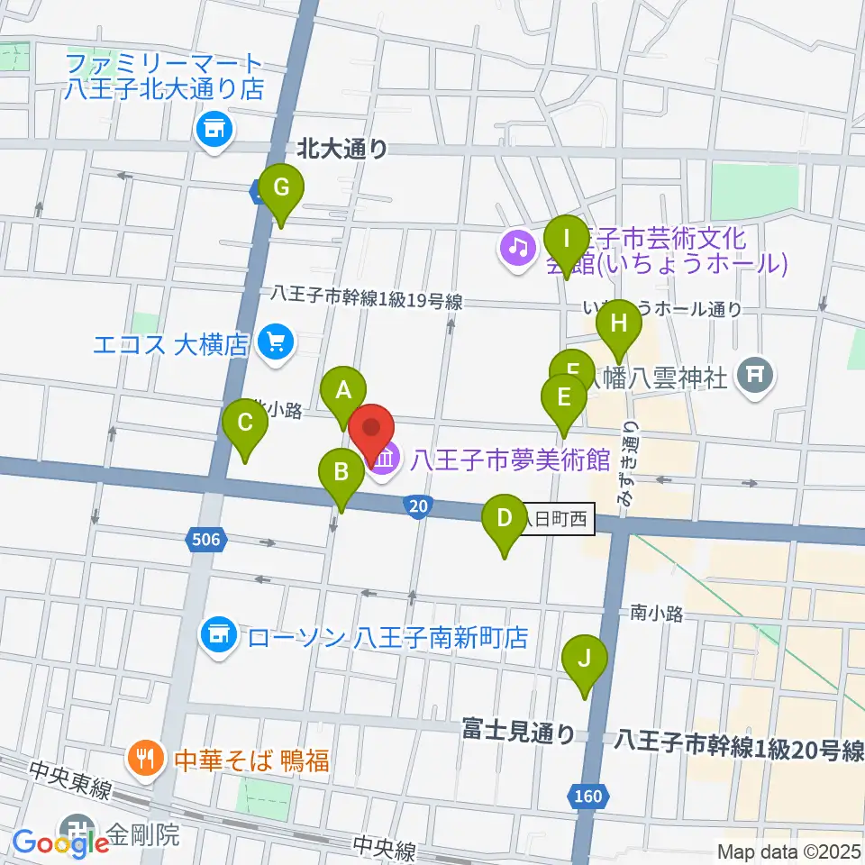 八王子市夢美術館周辺のカフェ一覧地図