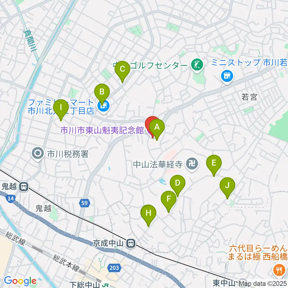 市川市東山魁夷記念館周辺のカフェ一覧地図