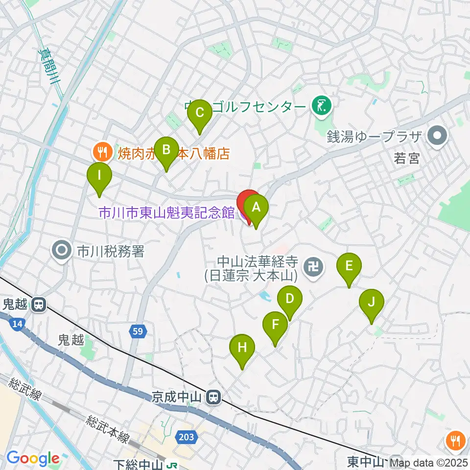 市川市東山魁夷記念館周辺のカフェ一覧地図
