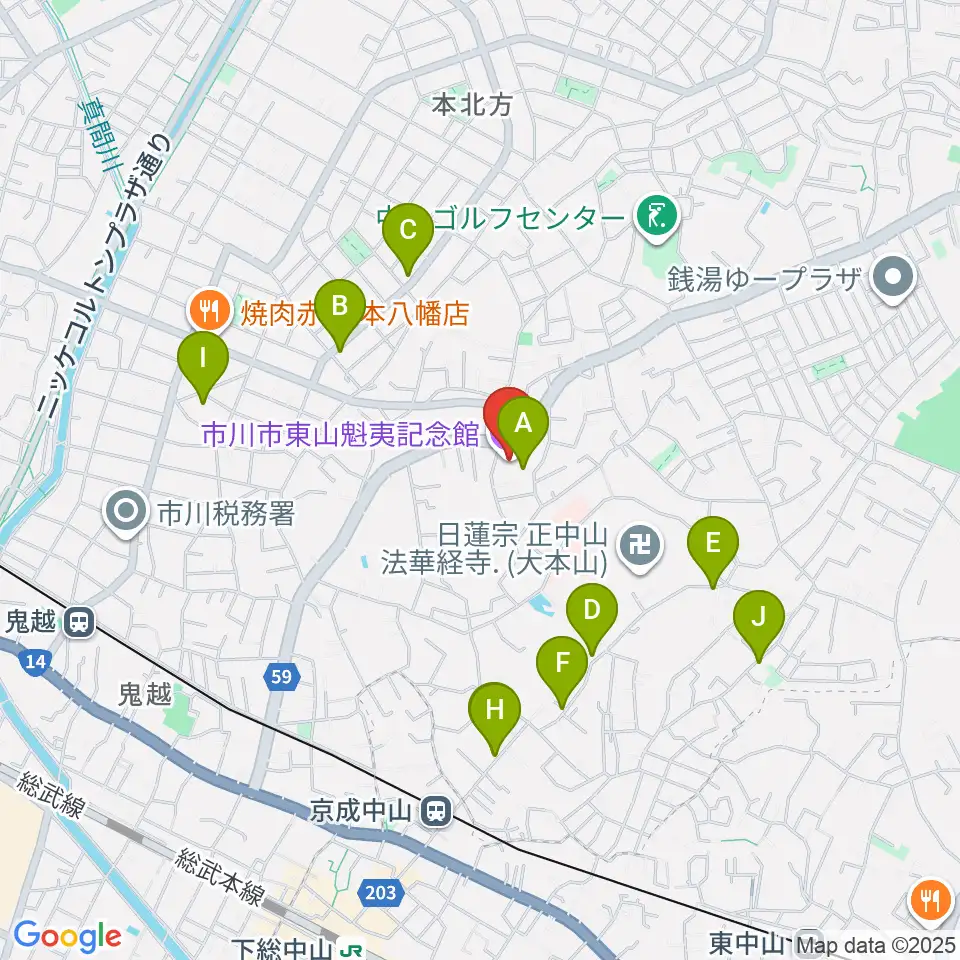 市川市東山魁夷記念館周辺のカフェ一覧地図