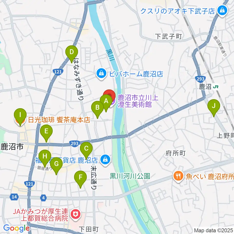 鹿沼市立川上澄生美術館周辺のカフェ一覧地図