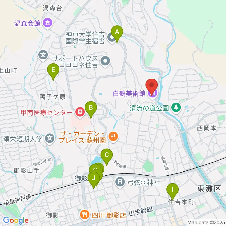 白鶴美術館周辺のカフェ一覧地図