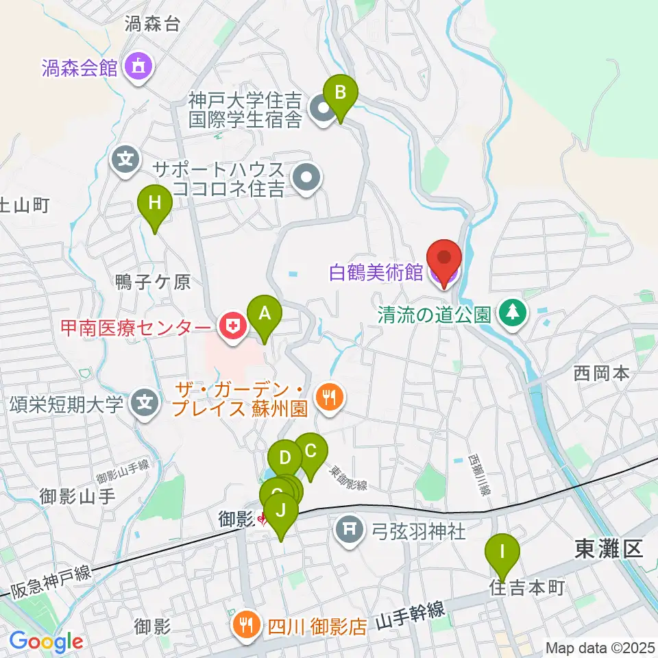 白鶴美術館周辺のカフェ一覧地図