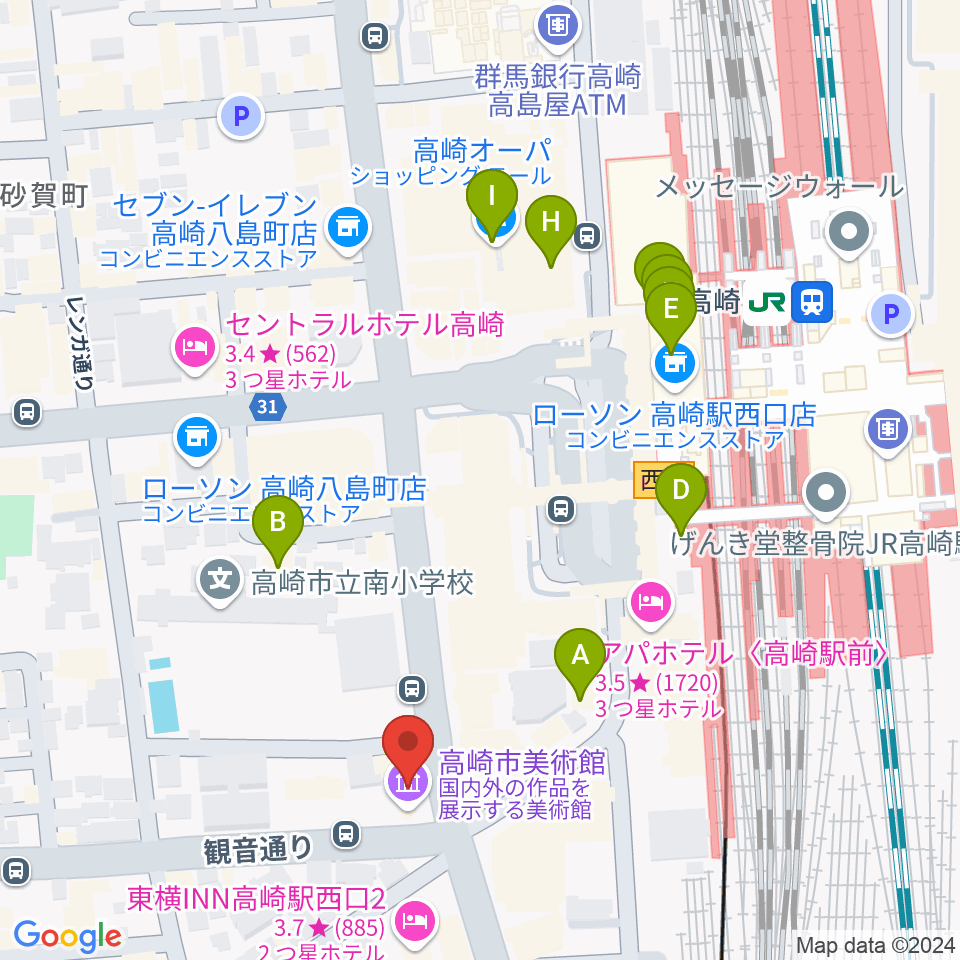 高崎市美術館周辺のカフェ一覧地図