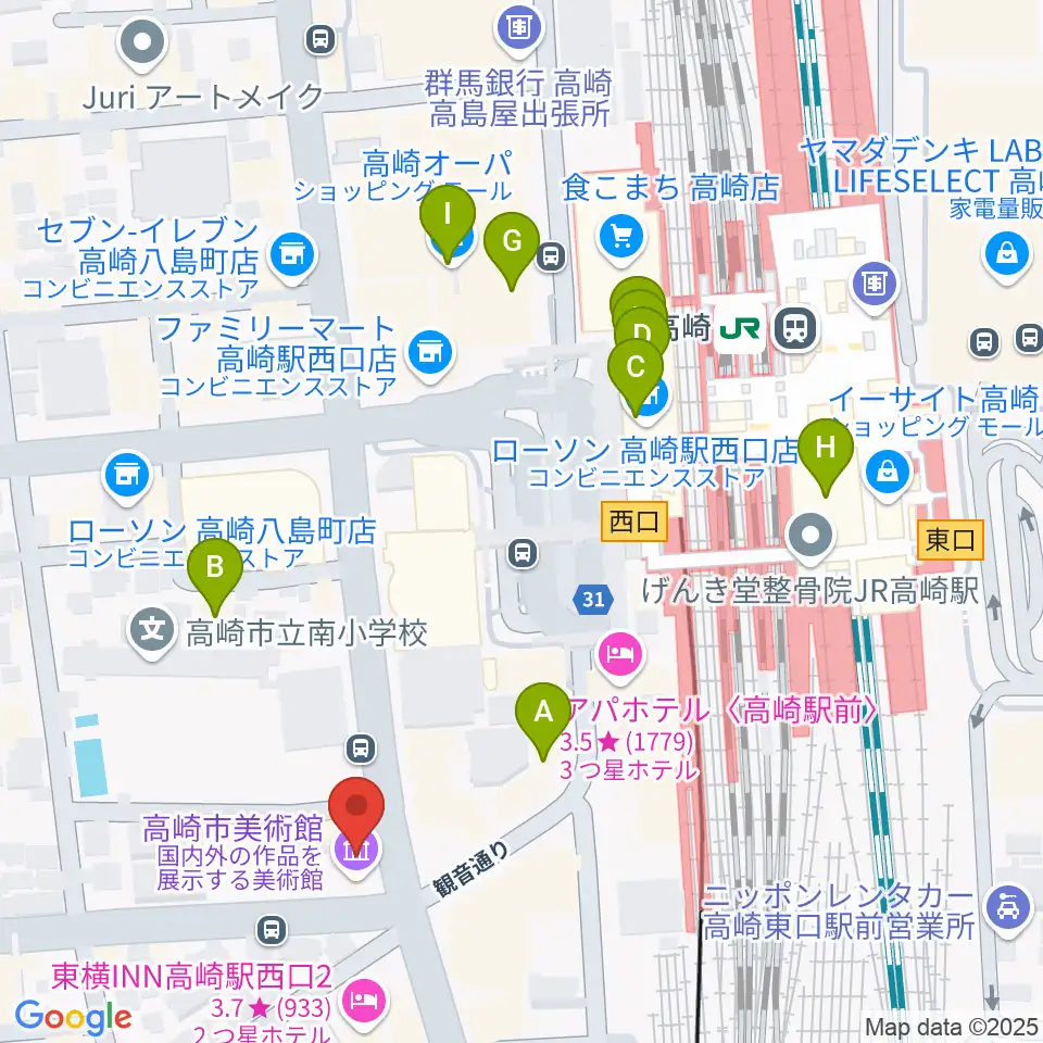 高崎市美術館周辺のカフェ一覧地図
