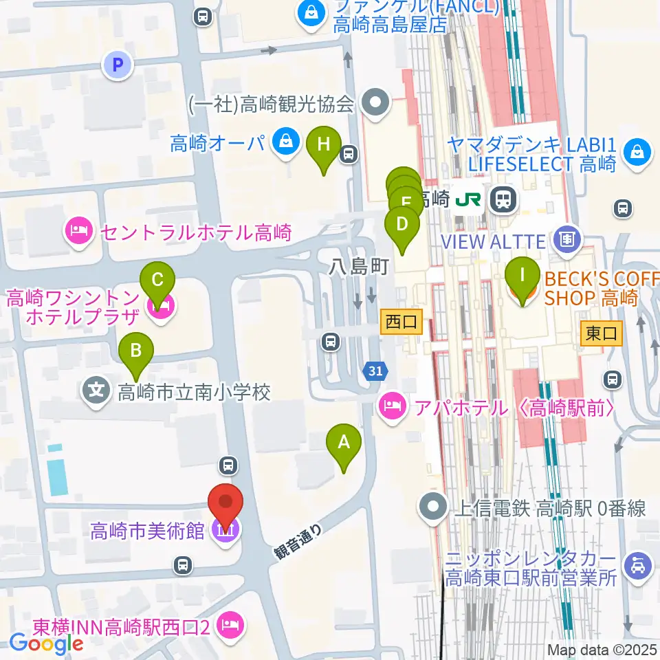 高崎市美術館周辺のカフェ一覧地図