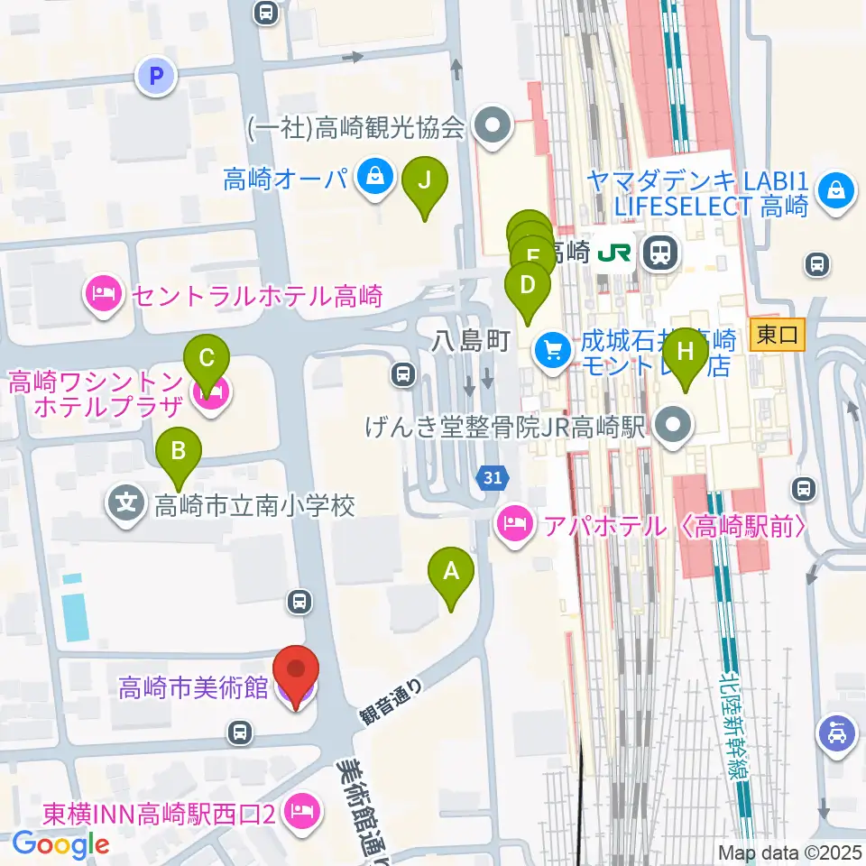 高崎市美術館周辺のカフェ一覧地図