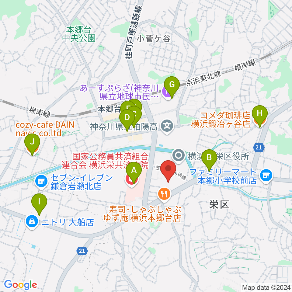 横浜市栄公会堂周辺のカフェ一覧地図