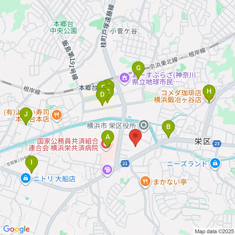 横浜市栄公会堂周辺のカフェ一覧地図