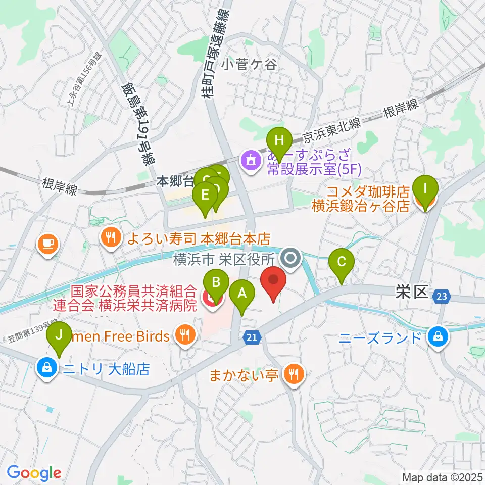 横浜市栄公会堂周辺のカフェ一覧地図