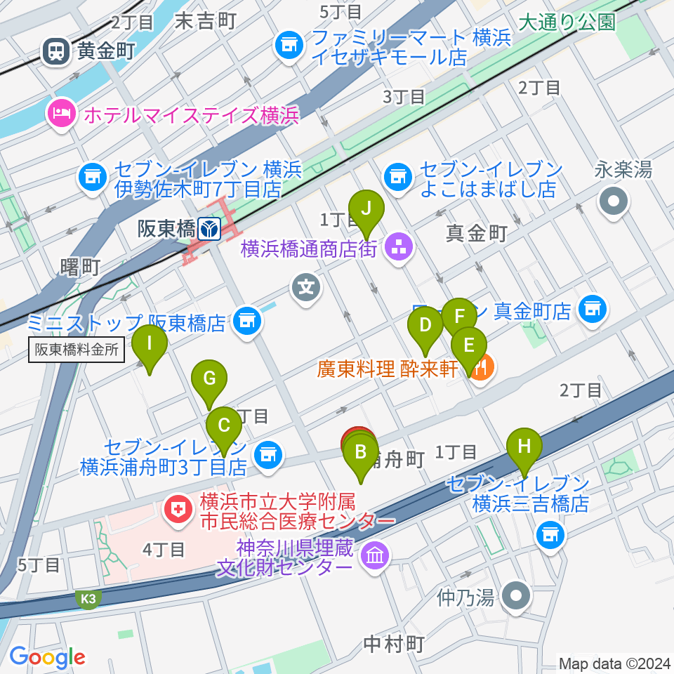 横浜市南公会堂 みなみん周辺のカフェ一覧地図